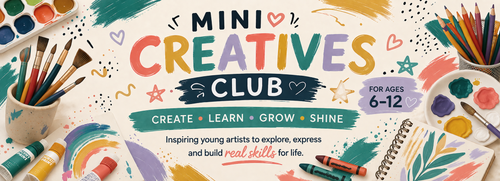 Promotional graphic for Mini Creatives Club/afterschool club with art supplies and colourful text.