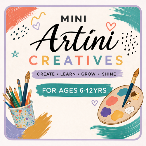 'Mini Artini Creatives Club' marketing graphic for after school club, with art supplies and colourful design.